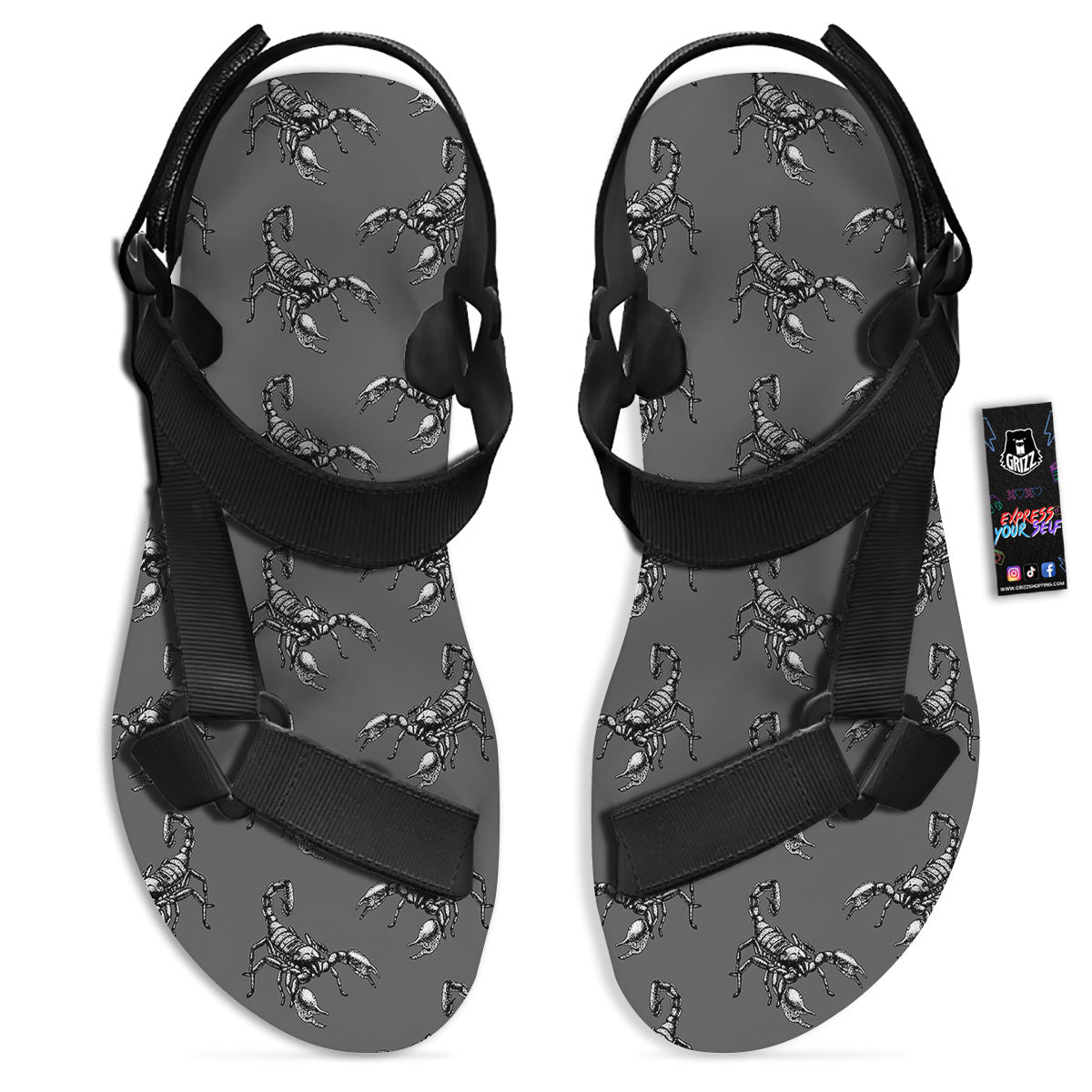 Grey Hand Drawn Scorpion Print Pattern Black Open Toe Sandals-grizzshop