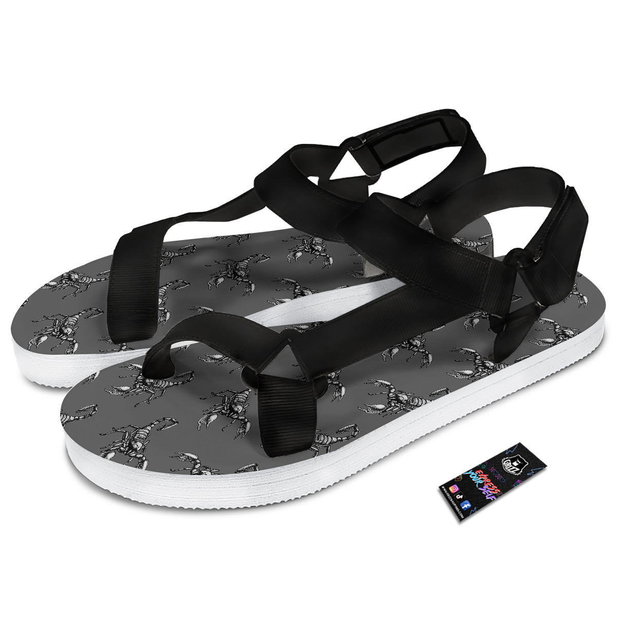 Grey Hand Drawn Scorpion Print Pattern Black Open Toe Sandals-grizzshop