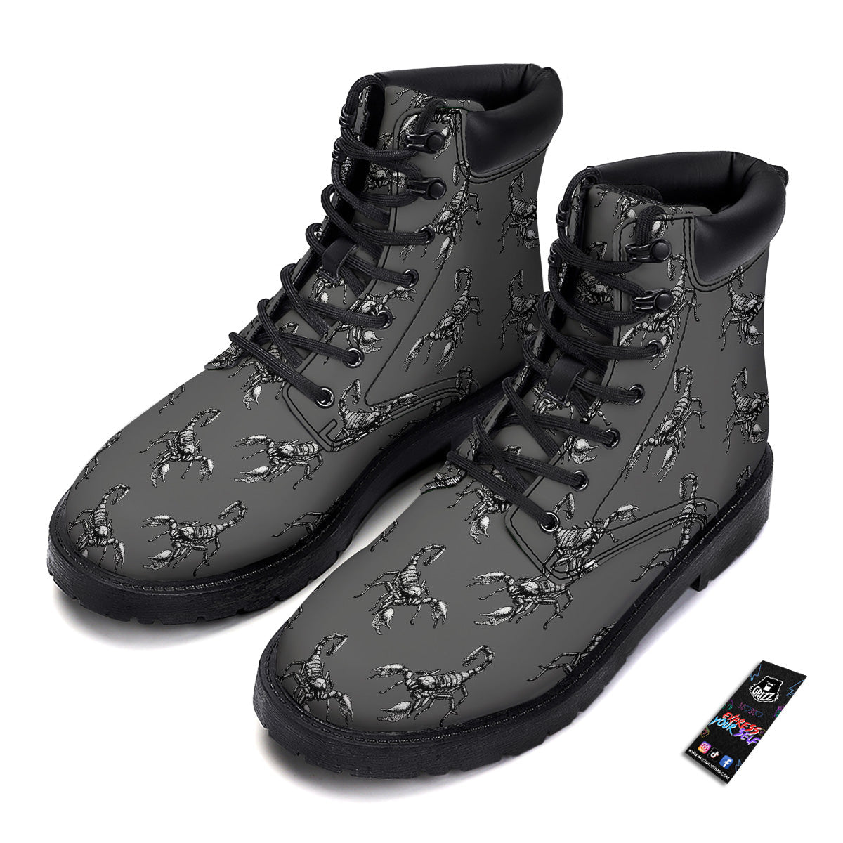 Grey Hand Drawn Scorpion Print Pattern Boots-grizzshop