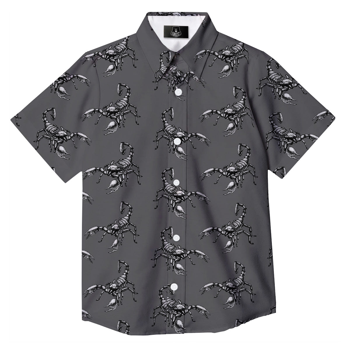 Grey Hand Drawn Scorpion Print Pattern Button Up Shirt-grizzshop