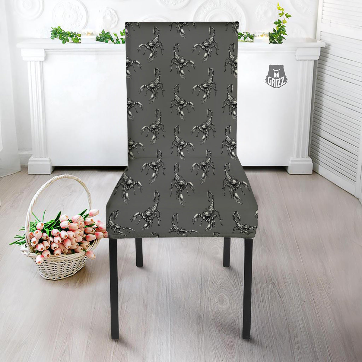 Grey Hand Drawn Scorpion Print Pattern Dining Chair Slipcover-grizzshop