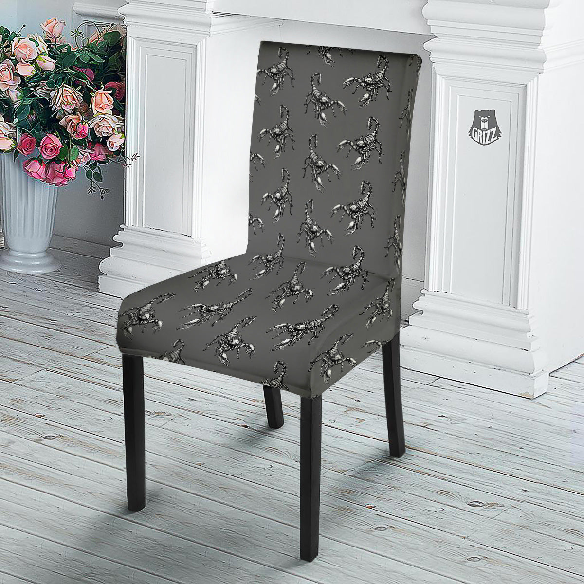 Grey Hand Drawn Scorpion Print Pattern Dining Chair Slipcover-grizzshop