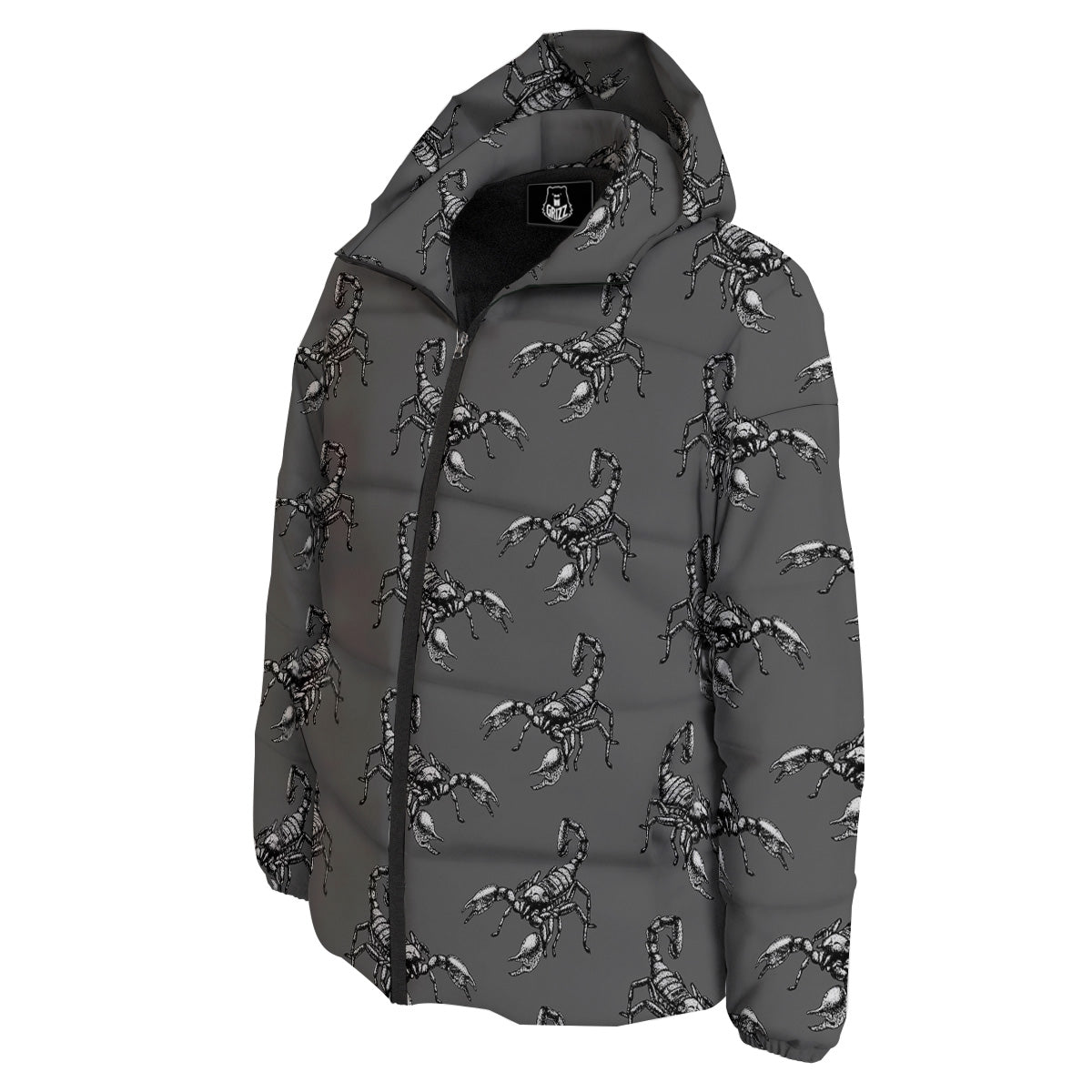 Grey Hand Drawn Scorpion Print Pattern Down Jacket-grizzshop