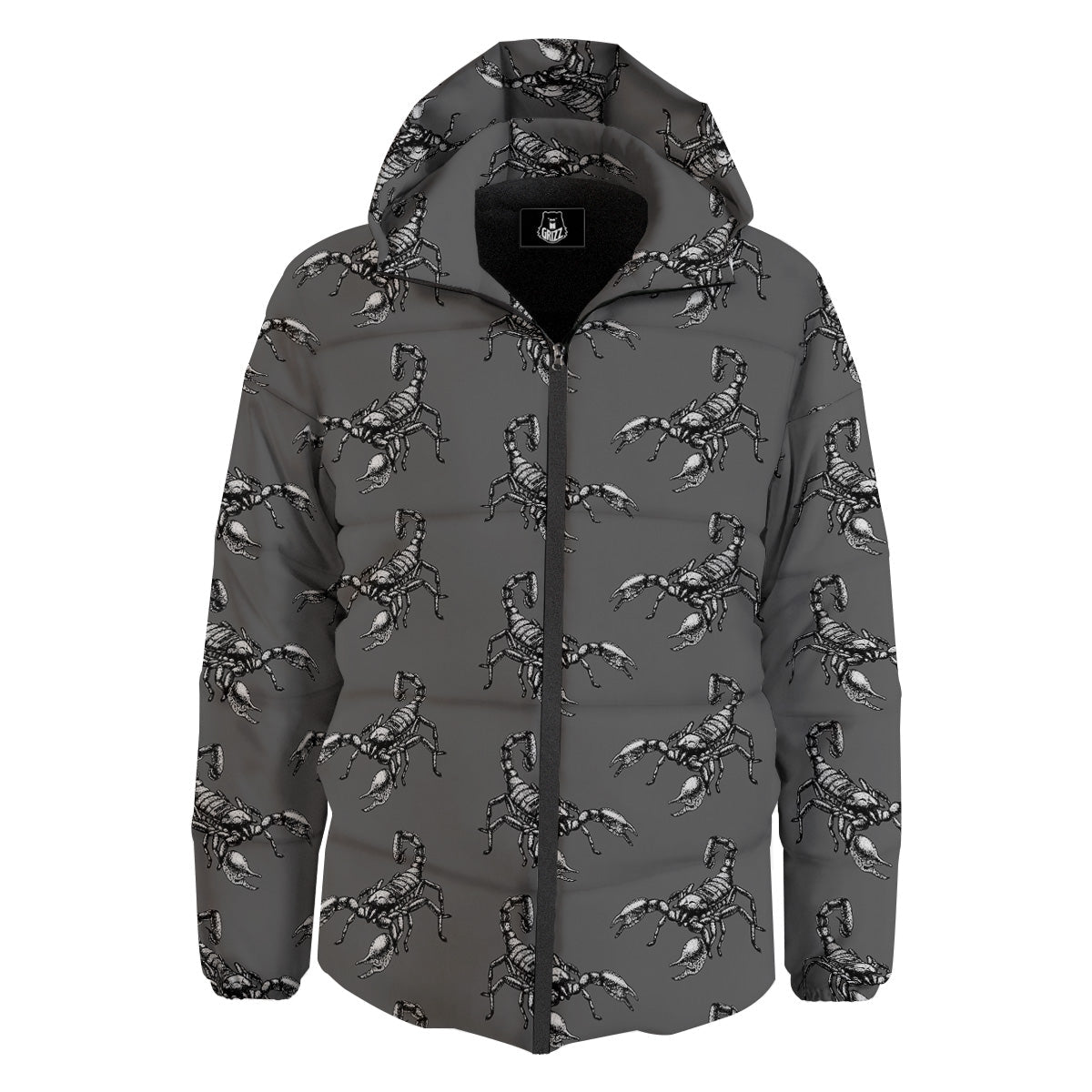 Grey Hand Drawn Scorpion Print Pattern Down Jacket-grizzshop