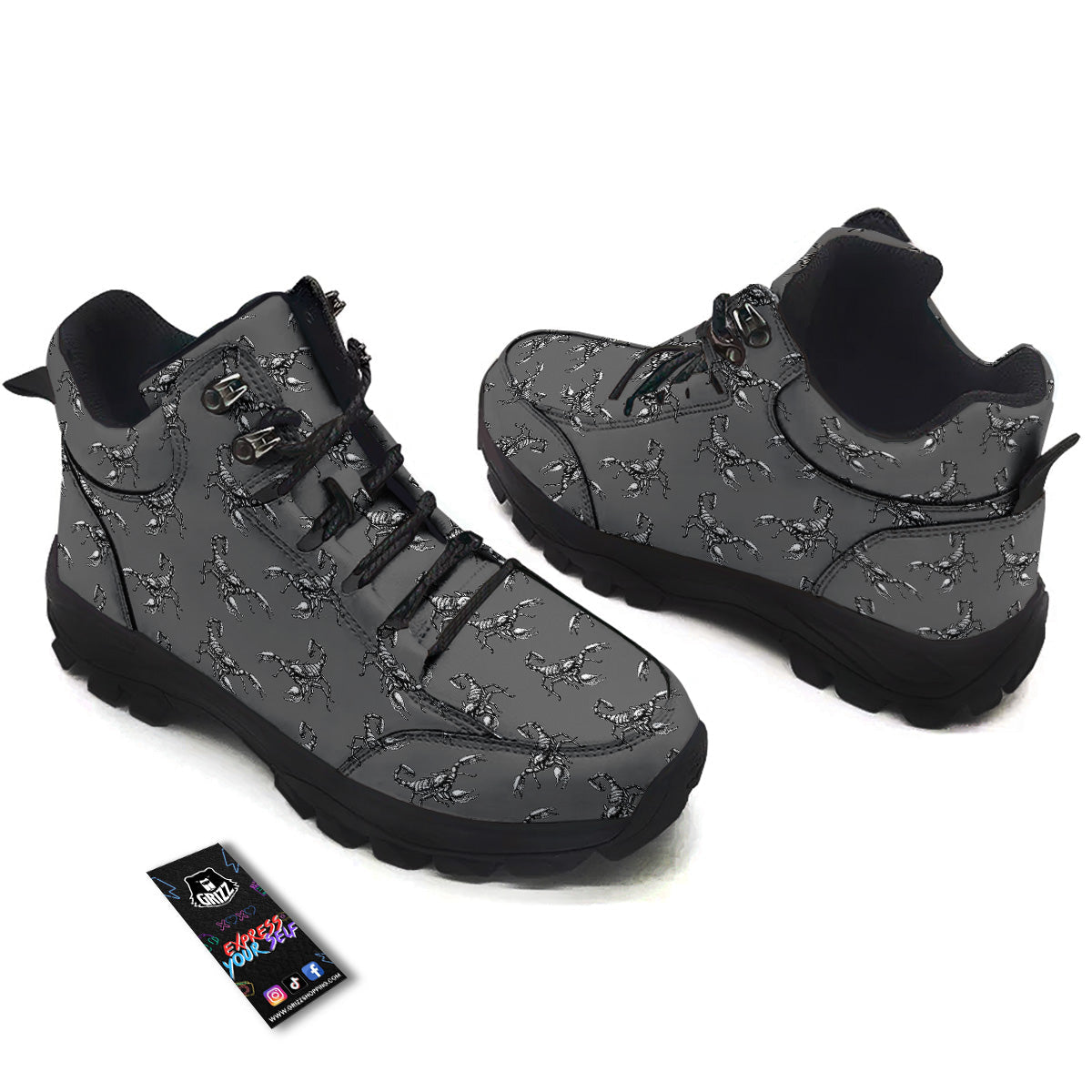 Grey Hand Drawn Scorpion Print Pattern Hiking Shoes-grizzshop