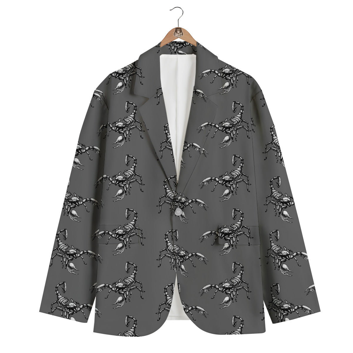 Grey Hand Drawn Scorpion Print Pattern Men's Blazer-grizzshop