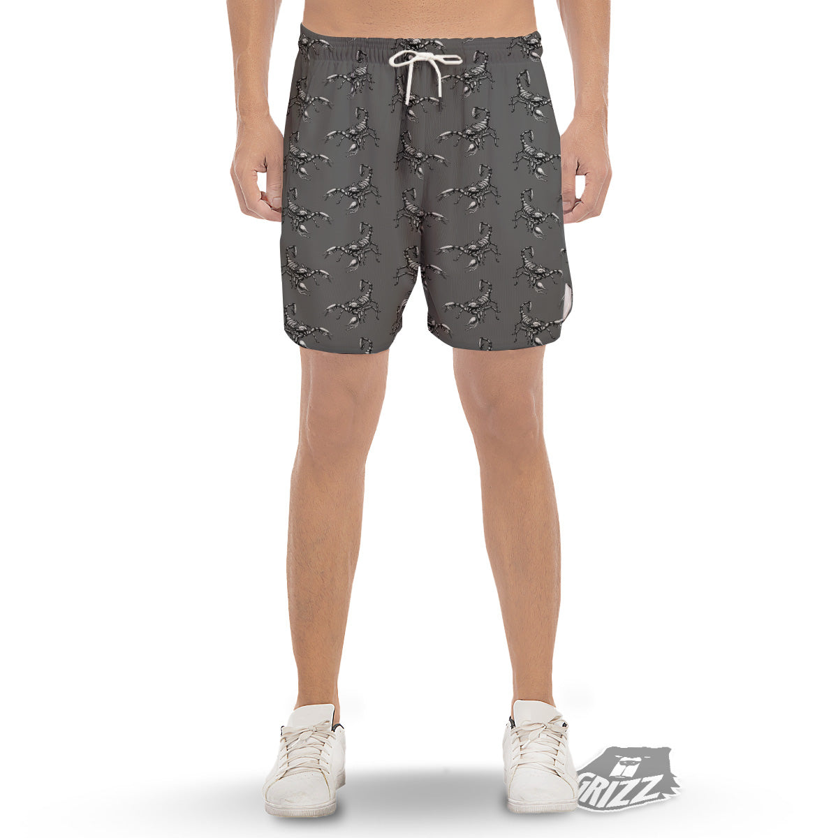 Grey Hand Drawn Scorpion Print Pattern Men's Gym Shorts-grizzshop