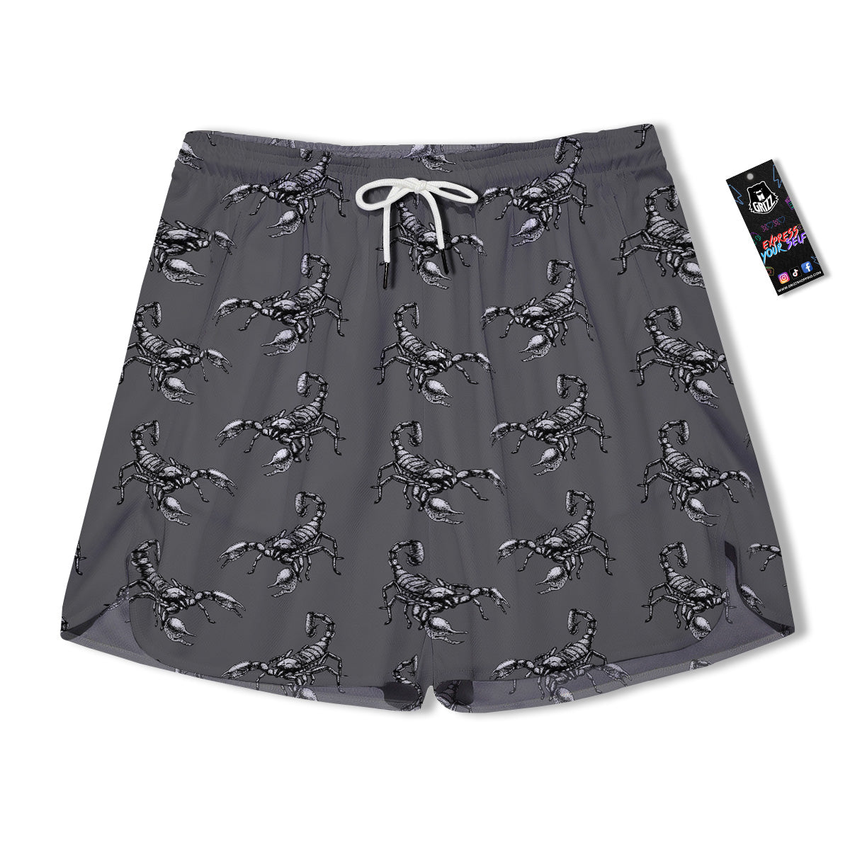 Grey Hand Drawn Scorpion Print Pattern Men's Running Shorts-grizzshop