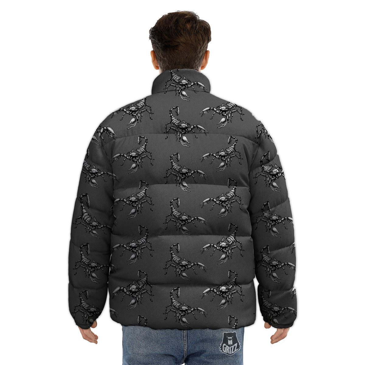 Grey Hand Drawn Scorpion Print Pattern Puffer Jacket-grizzshop