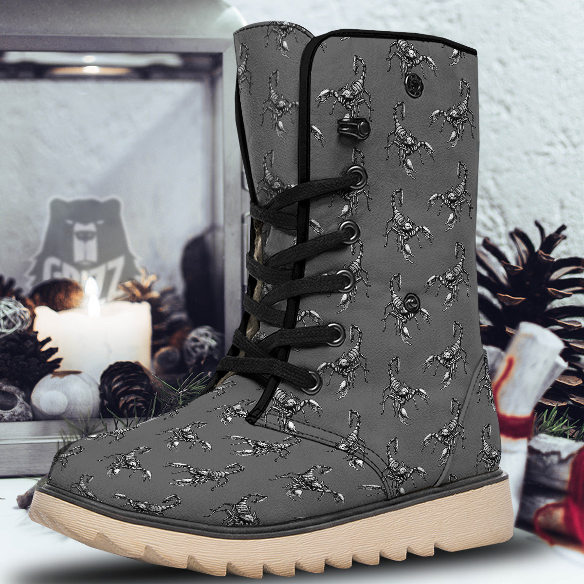 Grey Hand Drawn Scorpion Print Pattern Snow Boots-grizzshop