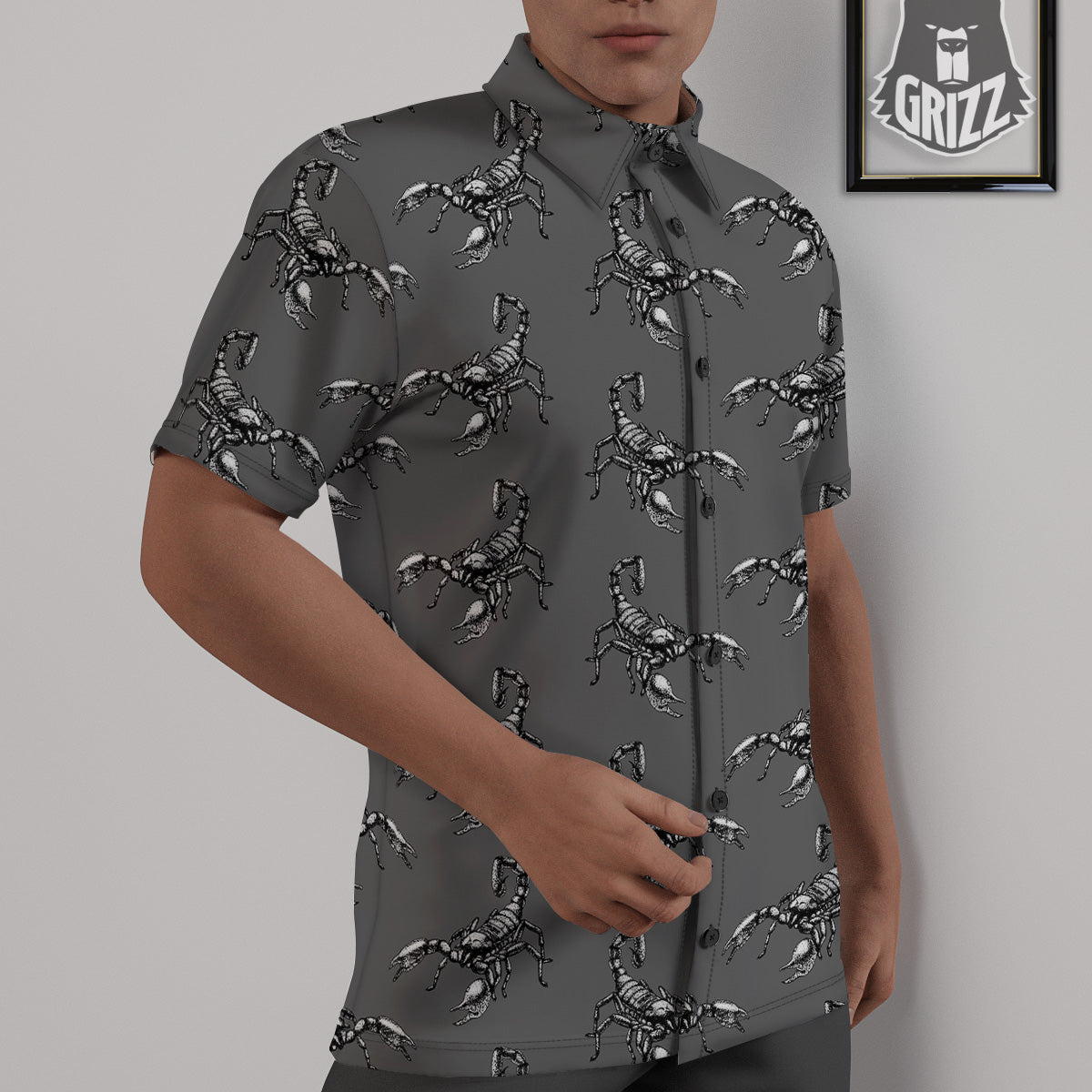 Grey Hand Drawn Scorpion Print Pattern Untucked Shirts-grizzshop