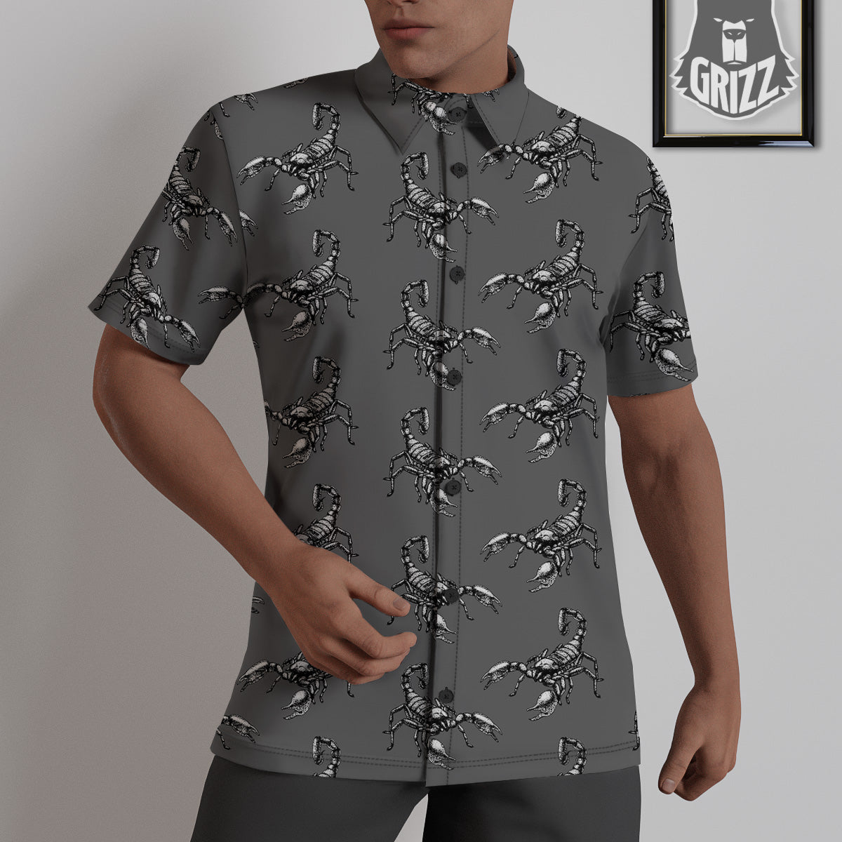 Grey Hand Drawn Scorpion Print Pattern Untucked Shirts-grizzshop