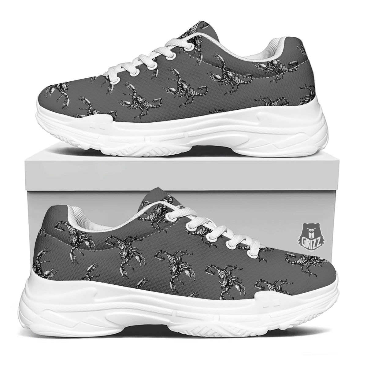 Grey Hand Drawn Scorpion Print Pattern White Chunky Shoes-grizzshop
