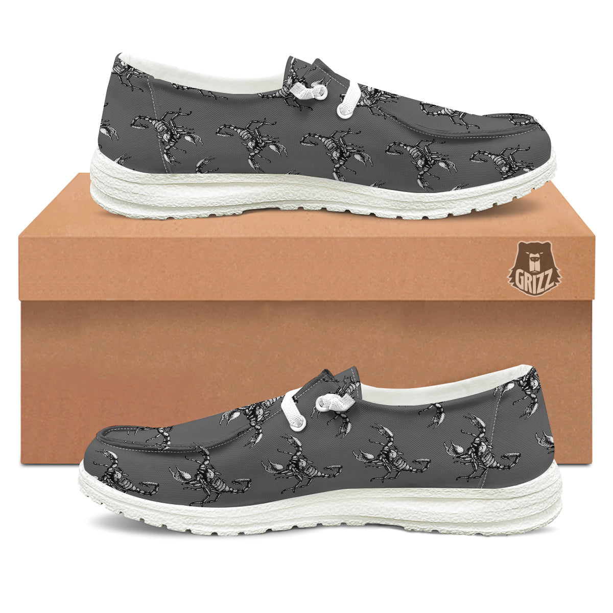 Grey Hand Drawn Scorpion Print Pattern White Loafers-grizzshop