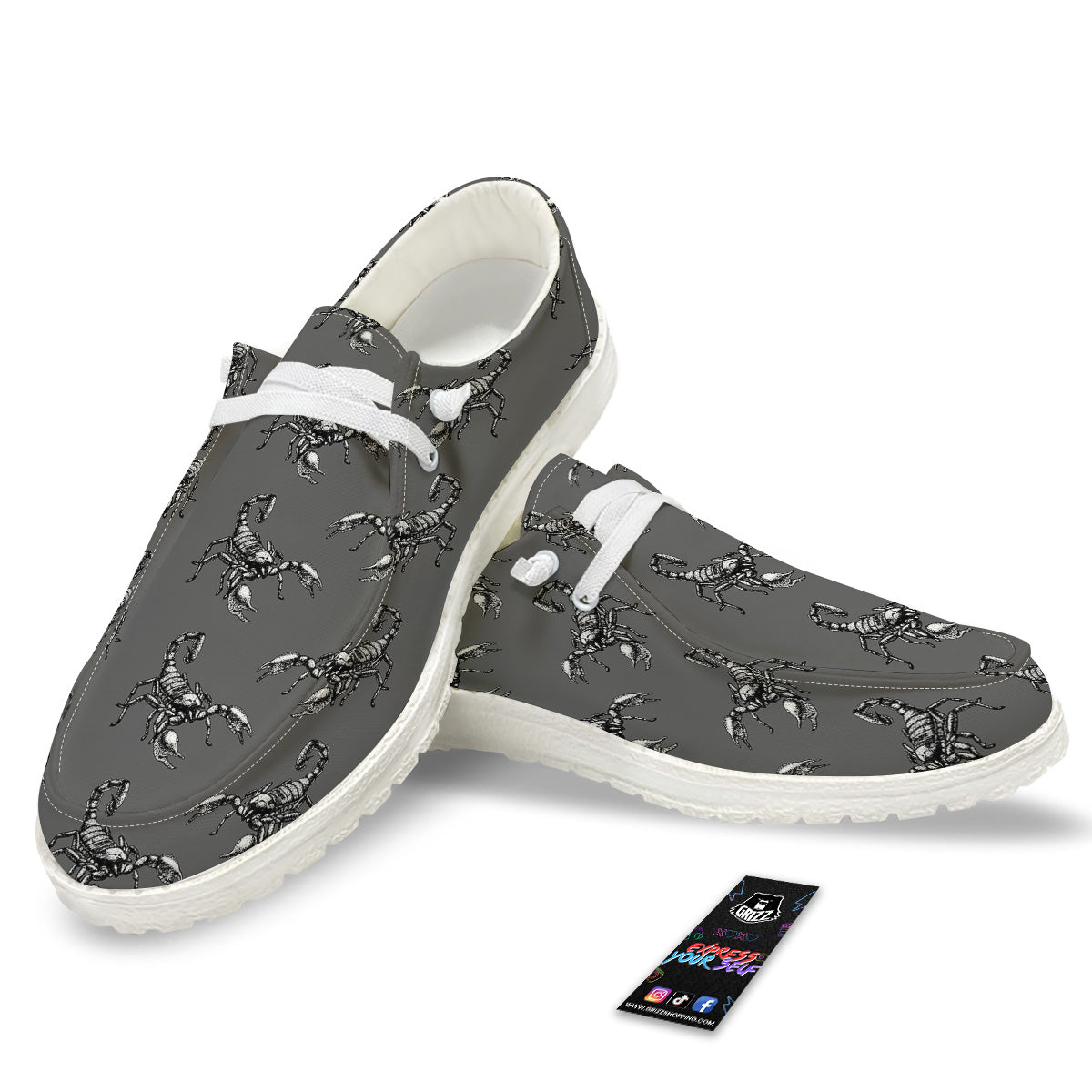 Grey Hand Drawn Scorpion Print Pattern White Loafers-grizzshop