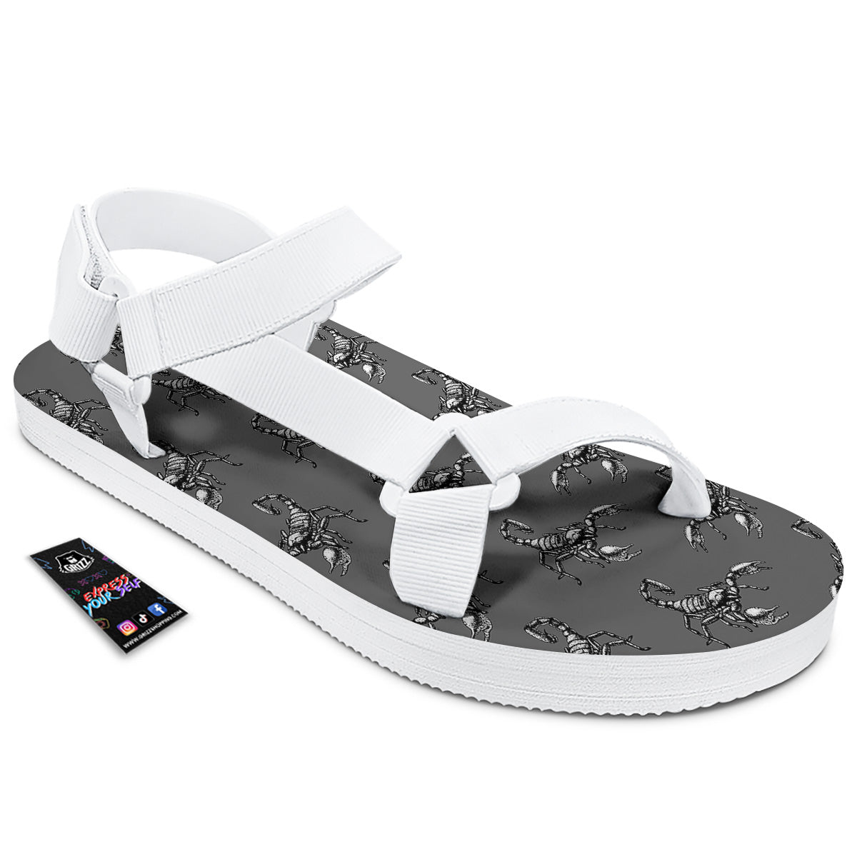Grey Hand Drawn Scorpion Print Pattern White Open Toe Sandals-grizzshop