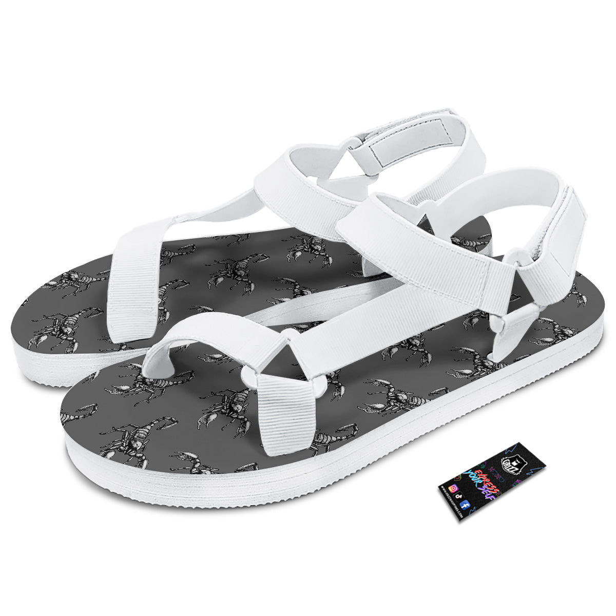 Grey Hand Drawn Scorpion Print Pattern White Open Toe Sandals-grizzshop