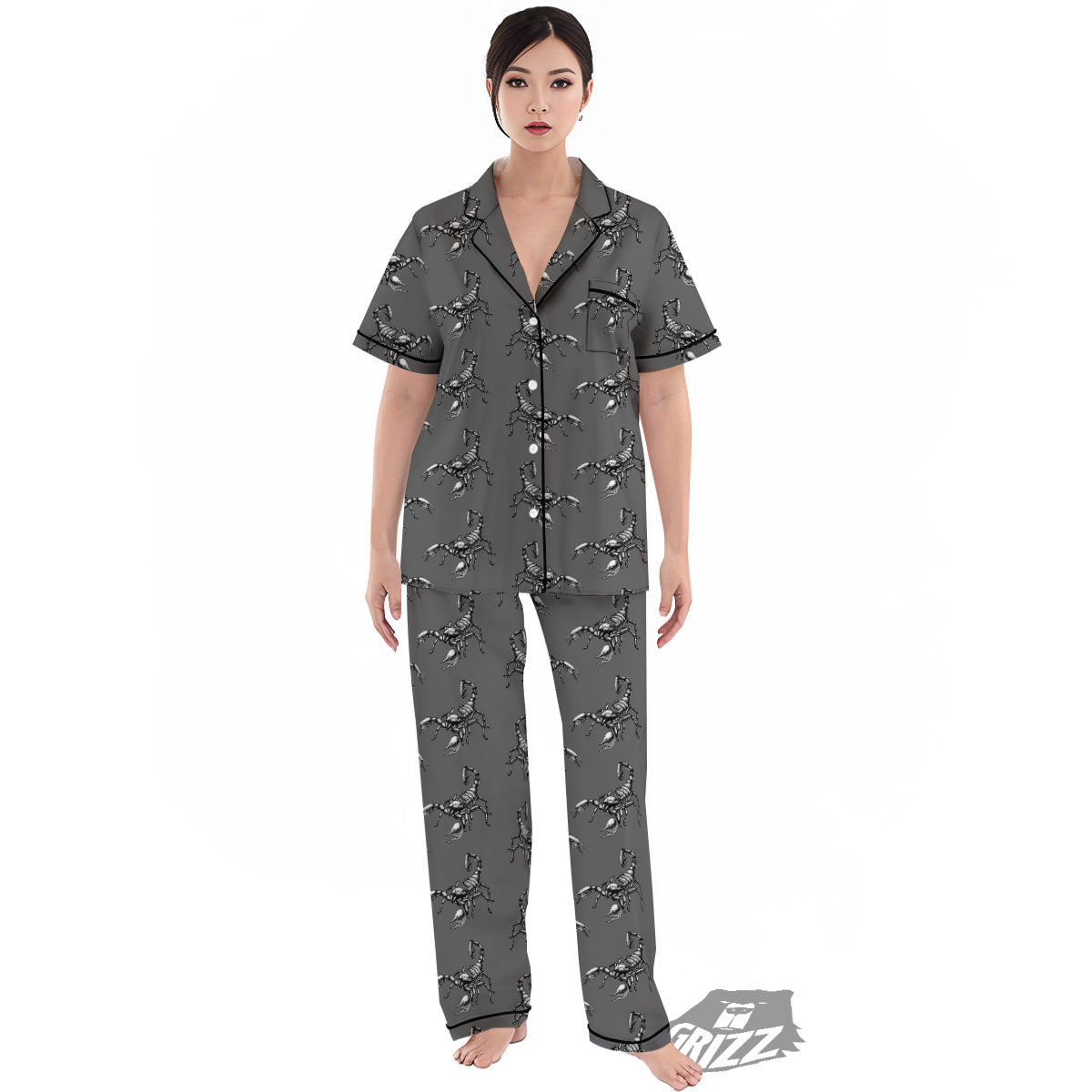 Grey Hand Drawn Scorpion Print Pattern Women's Pajamas Set-grizzshop
