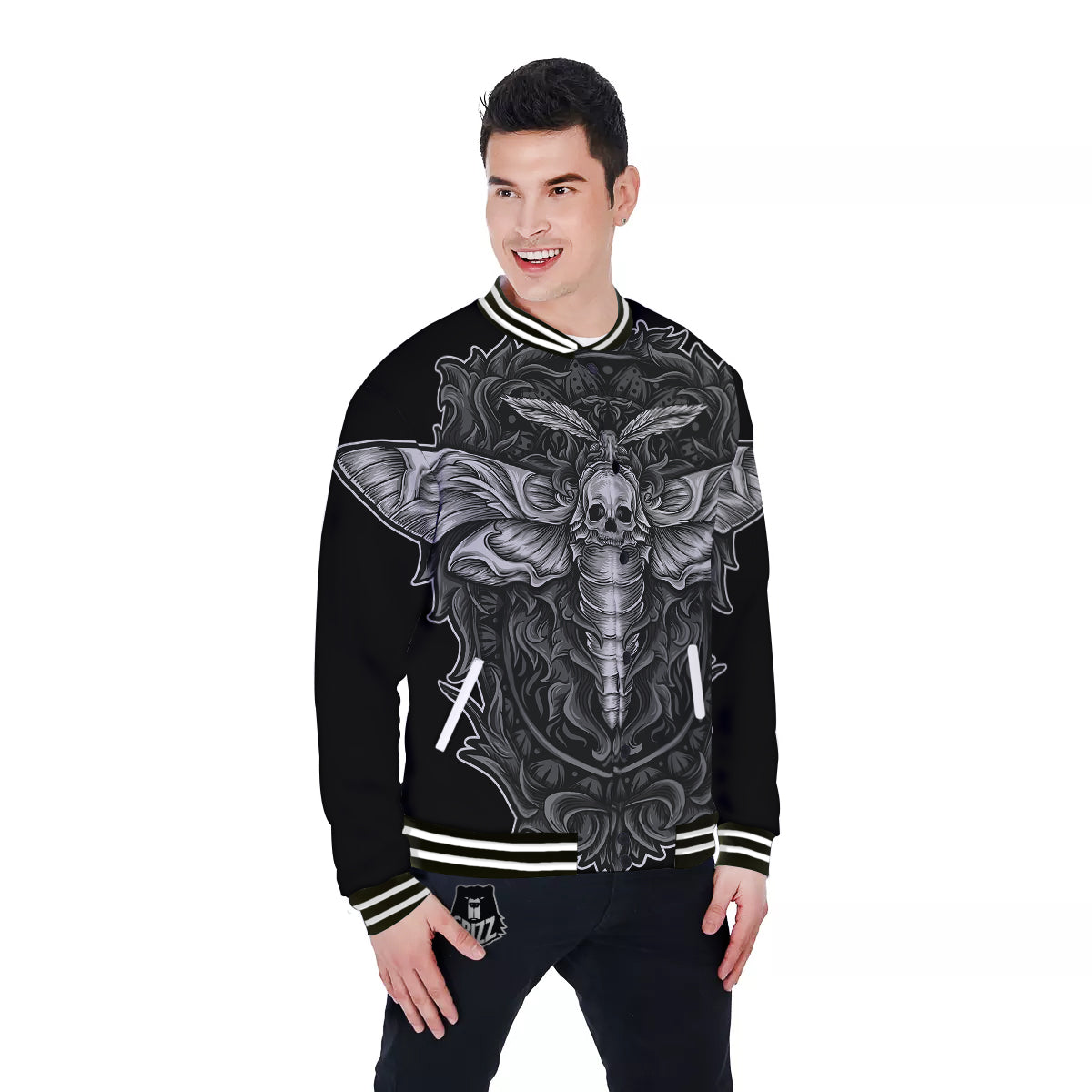 Grey Moth Skull Print Baseball Jacket-grizzshop