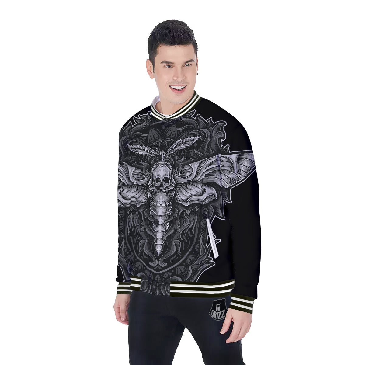 Grey Moth Skull Print Baseball Jacket-grizzshop