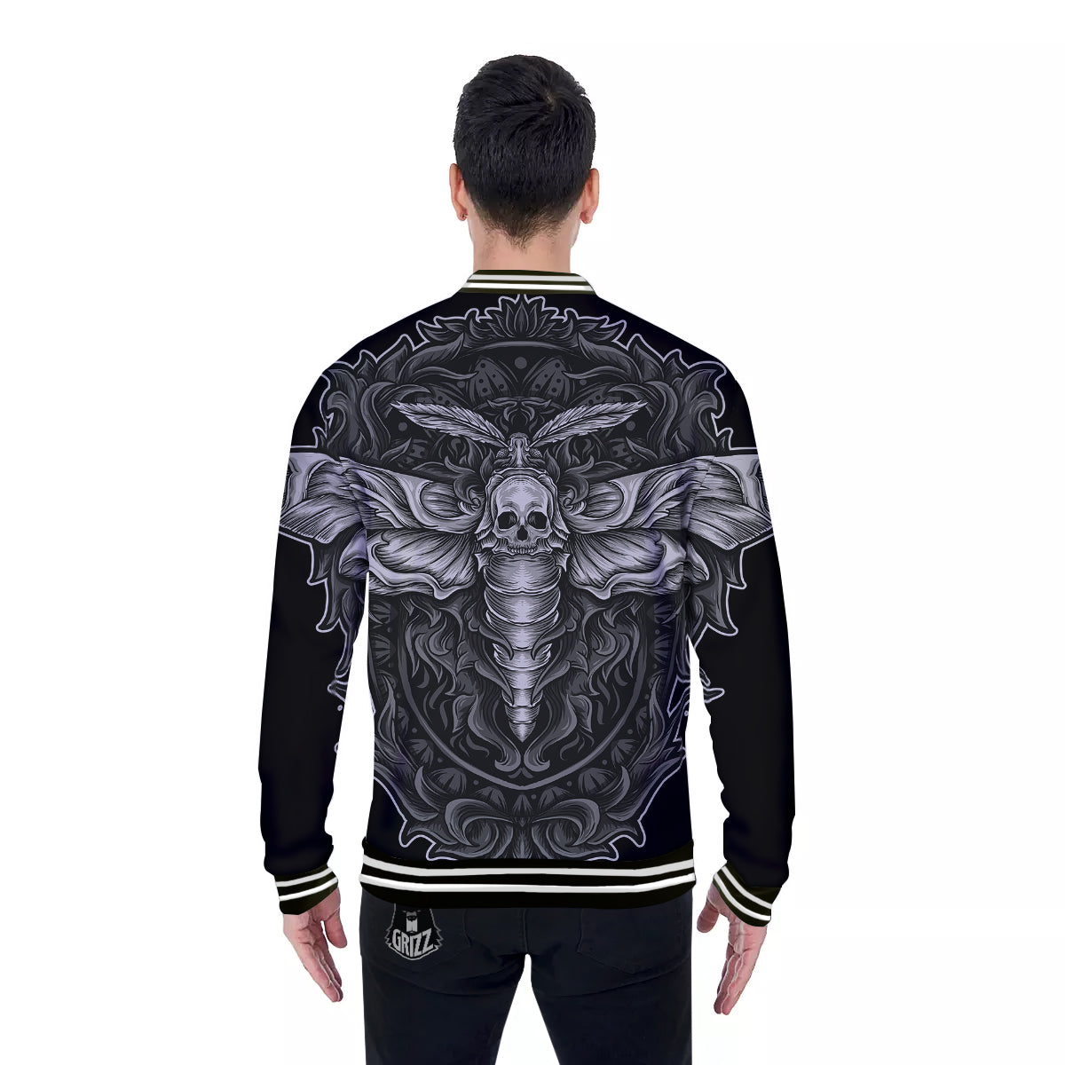 Grey Moth Skull Print Baseball Jacket-grizzshop