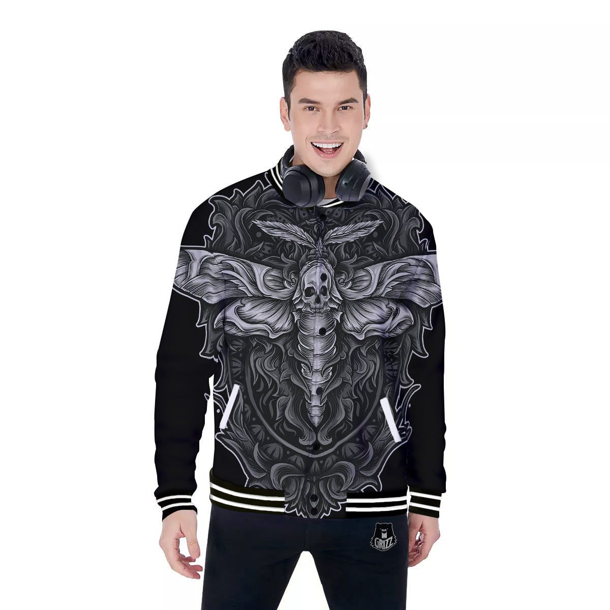 Grey Moth Skull Print Baseball Jacket-grizzshop
