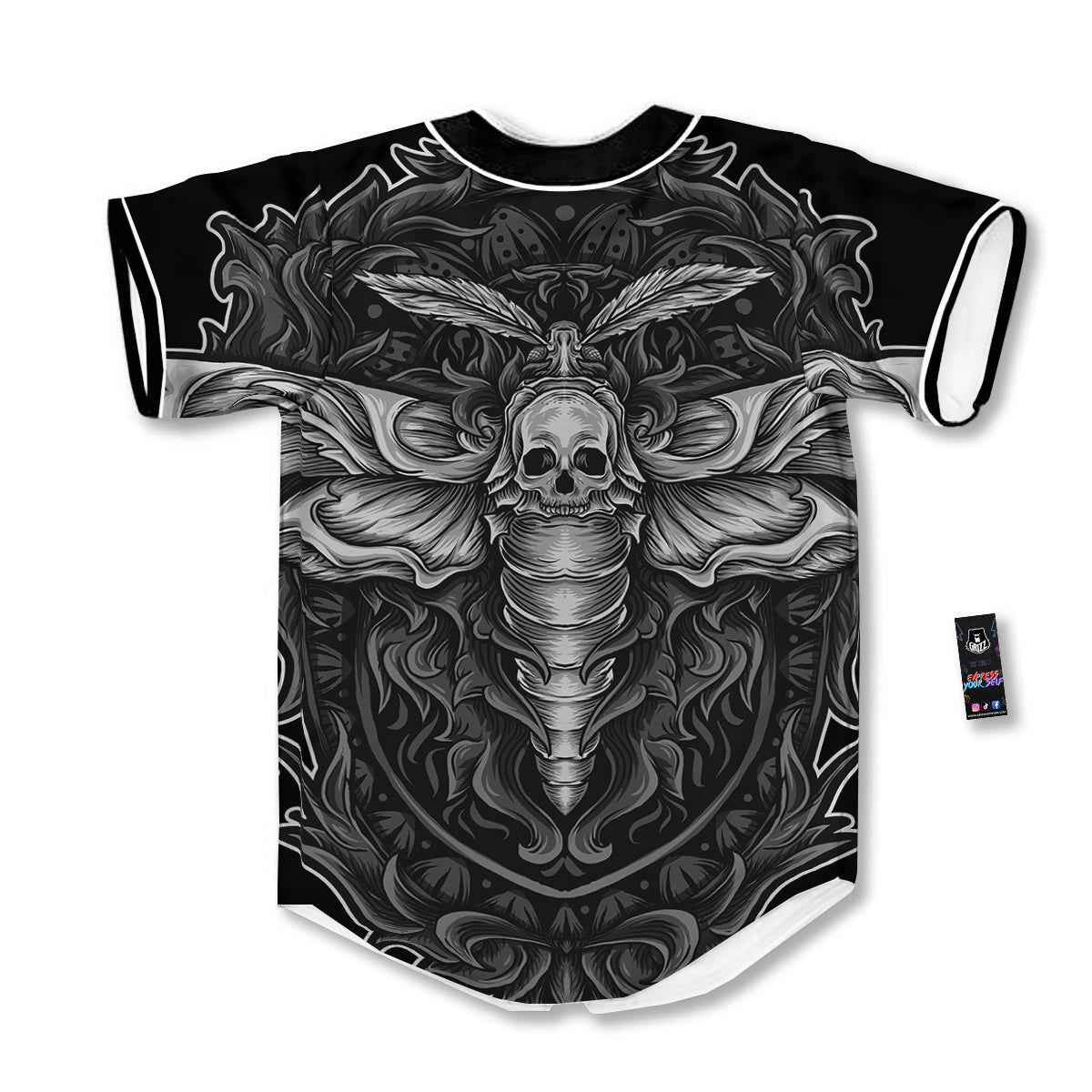 Grey Moth Skull Print Baseball Jersey-grizzshop