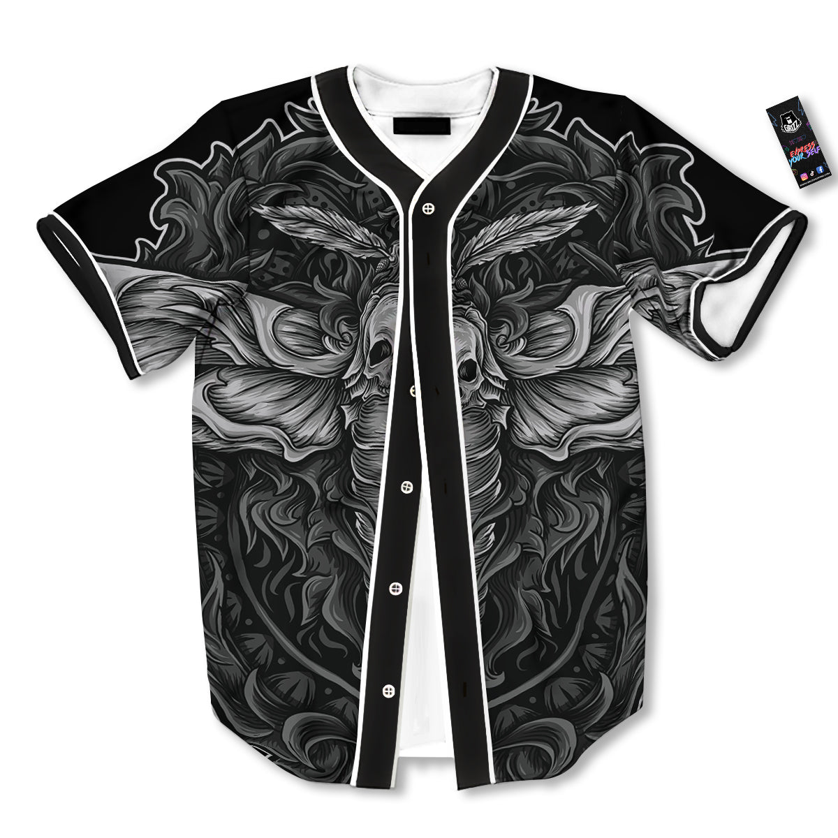 Grey Moth Skull Print Baseball Jersey-grizzshop
