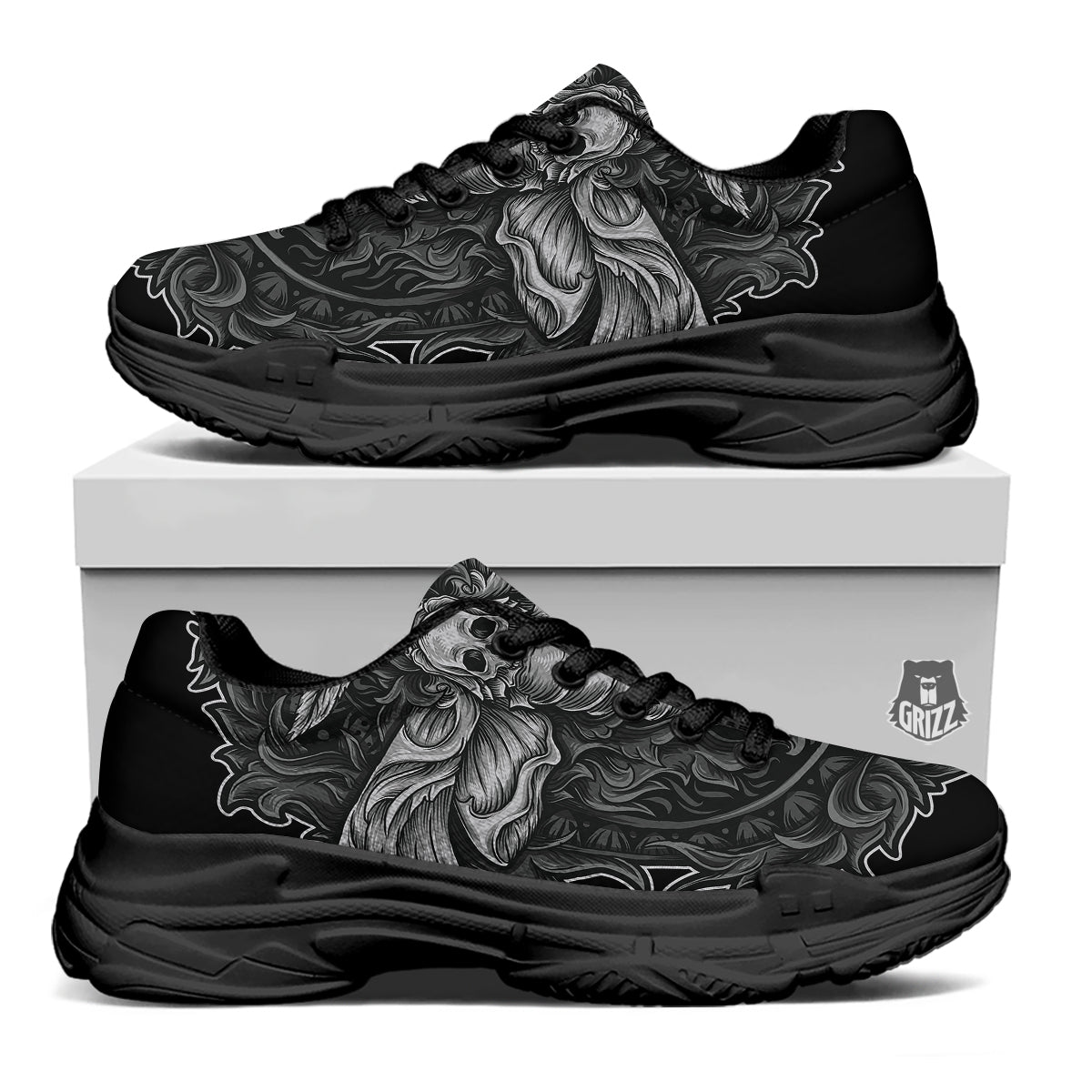 Grey Moth Skull Print Black Chunky Shoes-grizzshop
