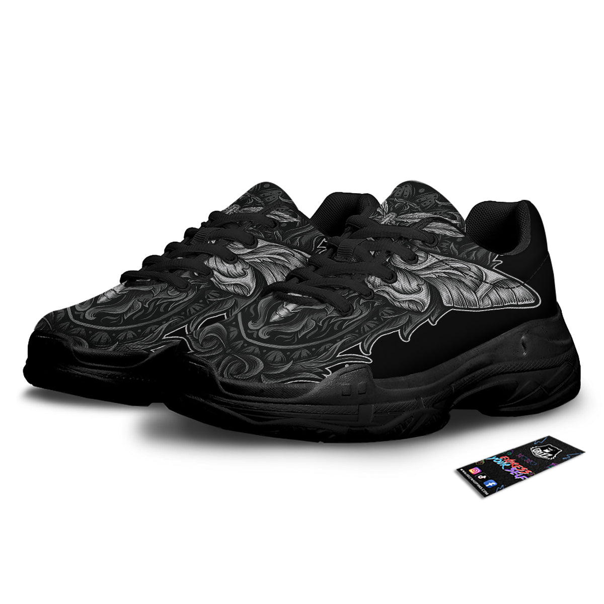 Grey Moth Skull Print Black Chunky Shoes-grizzshop
