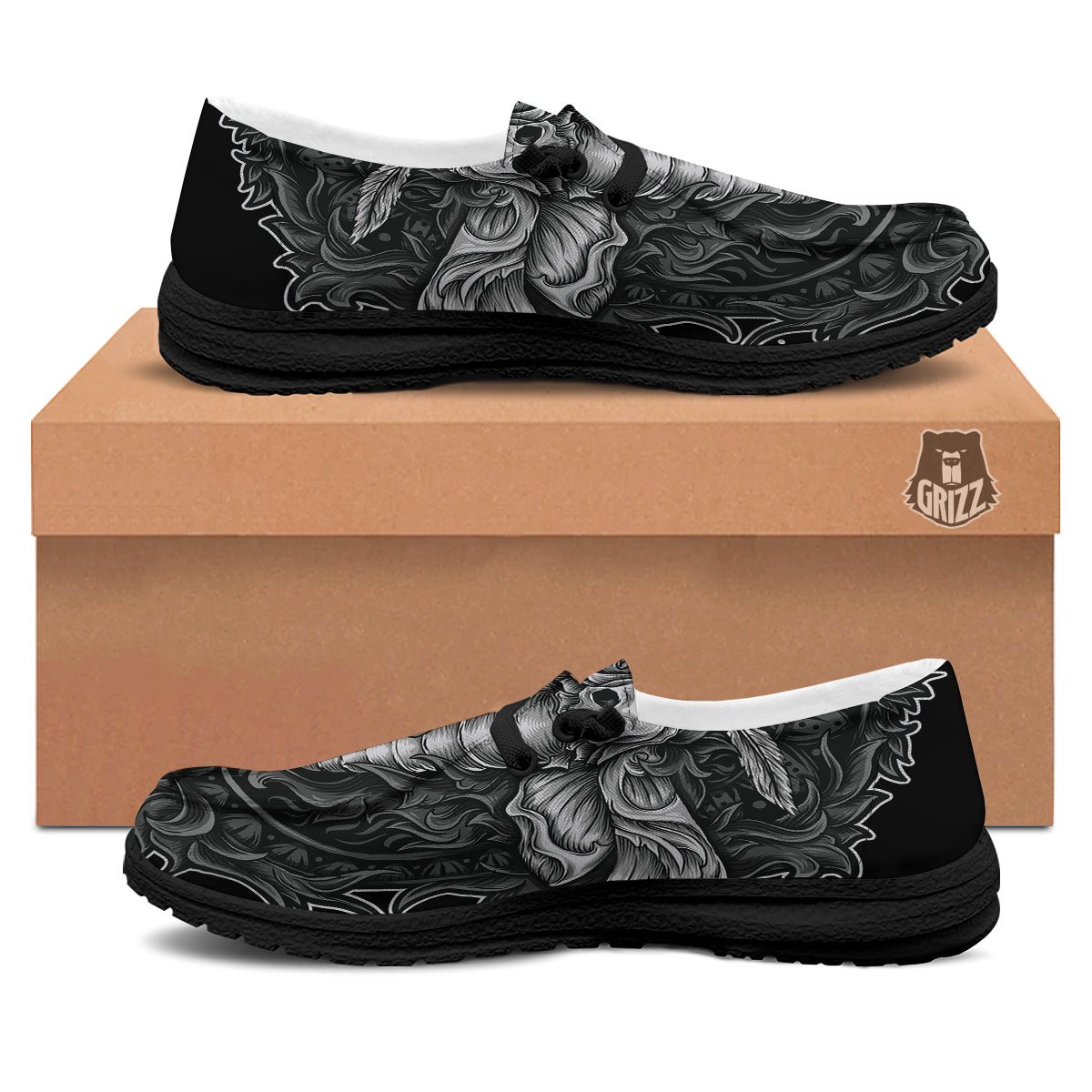 Grey Moth Skull Print Black Loafers-grizzshop