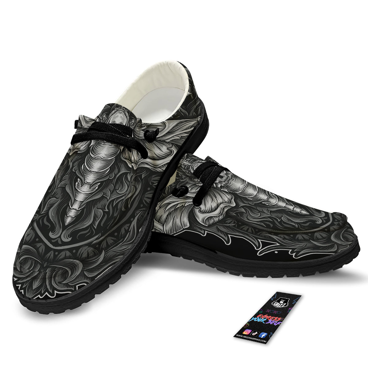 Grey Moth Skull Print Black Loafers-grizzshop