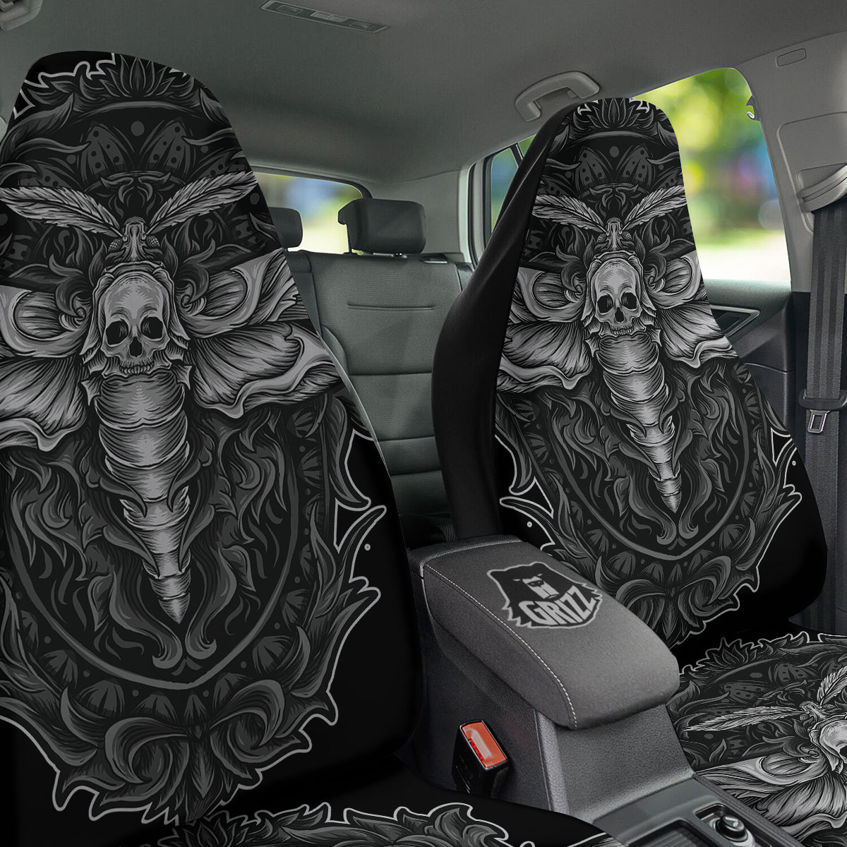 Grey Moth Skull Print Car Seat Covers-grizzshop