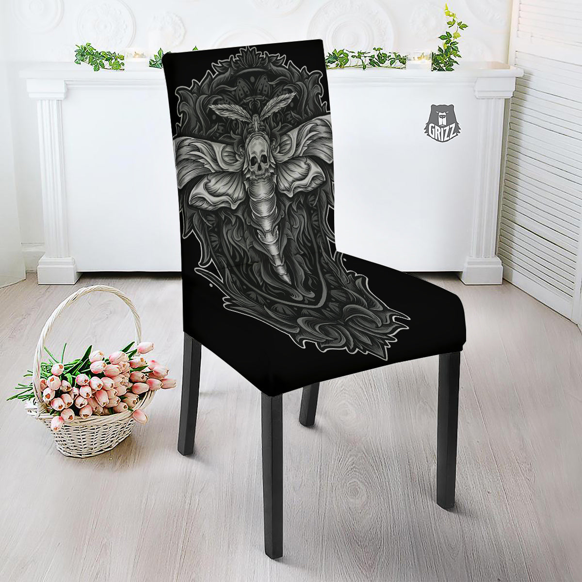 Grey Moth Skull Print Dining Chair Slipcover-grizzshop