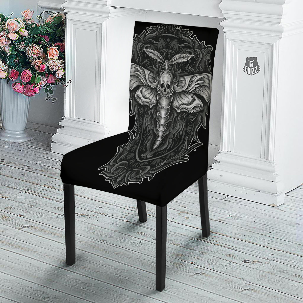 Grey Moth Skull Print Dining Chair Slipcover-grizzshop