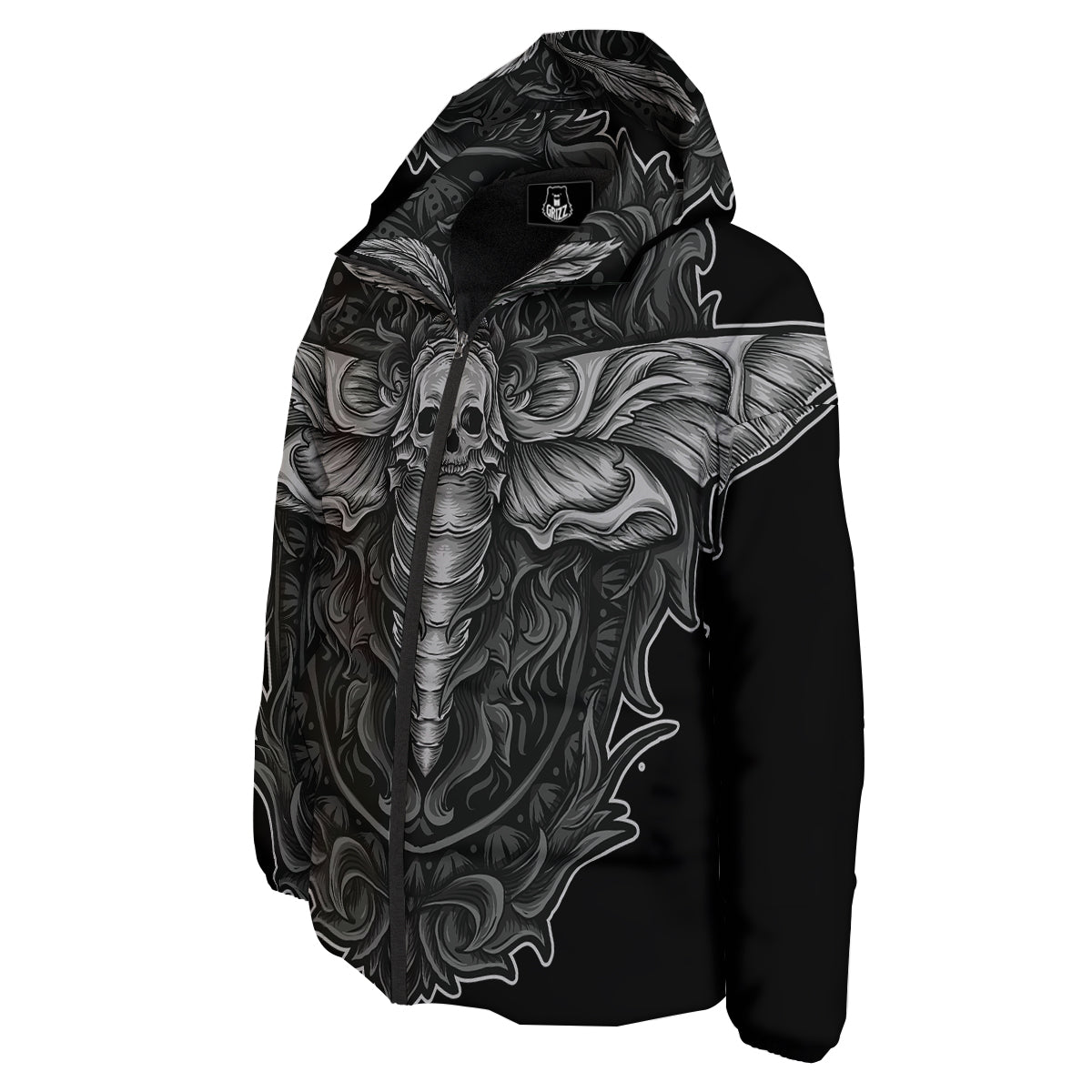 Grey Moth Skull Print Down Jacket-grizzshop
