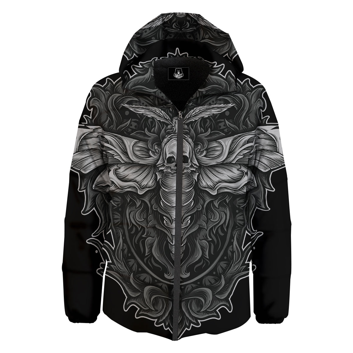 Grey Moth Skull Print Down Jacket-grizzshop