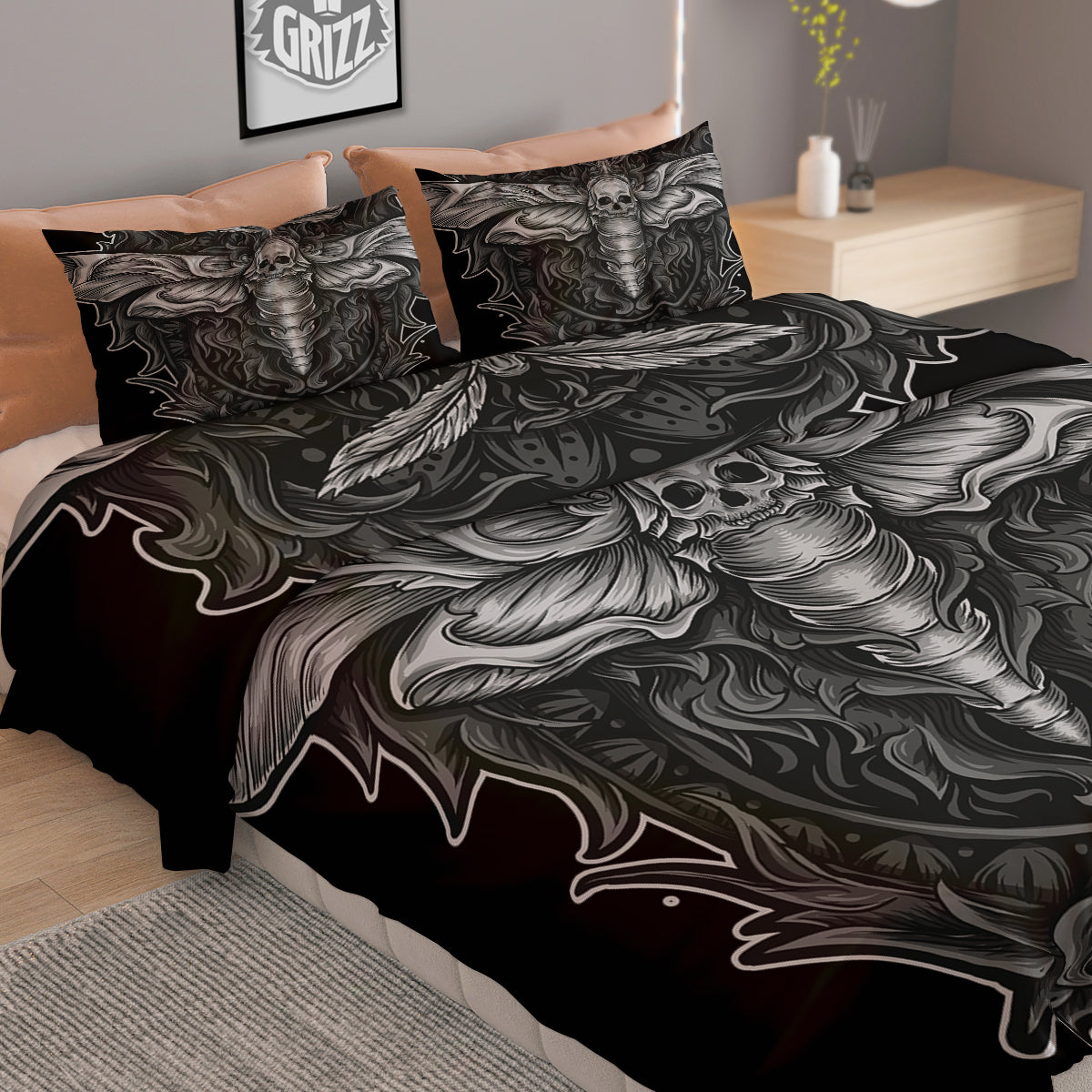 Grey Moth Skull Print Duvet Cover Bedding Set