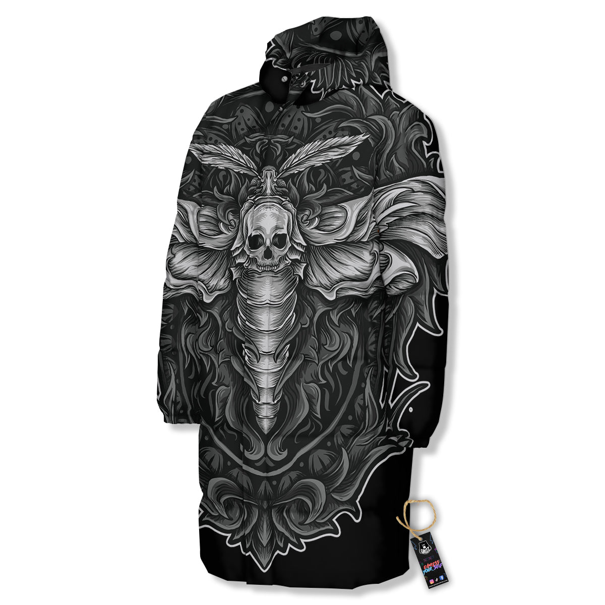 Grey Moth Skull Print Long Down Jacket-grizzshop