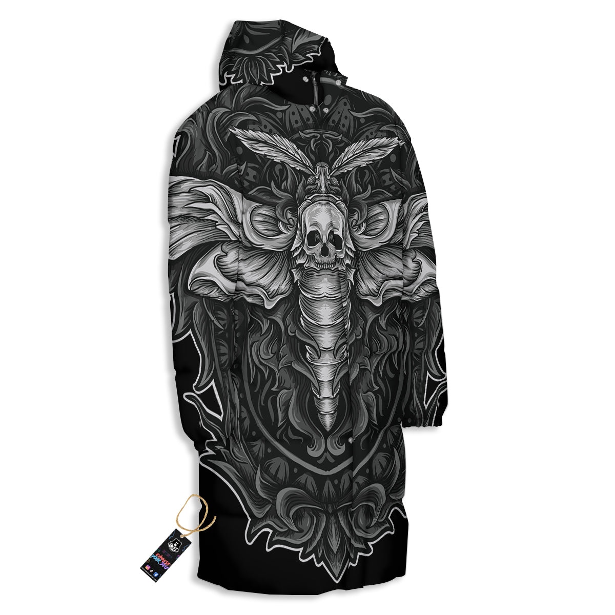 Grey Moth Skull Print Long Down Jacket-grizzshop