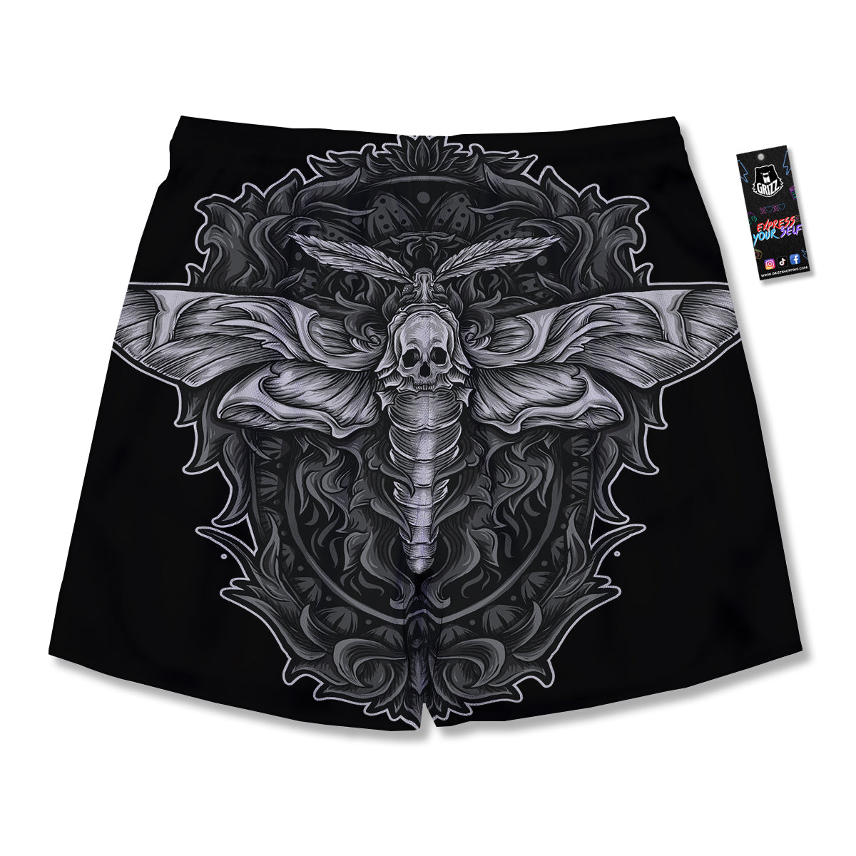 Grey Moth Skull Print Men's Running Shorts-grizzshop