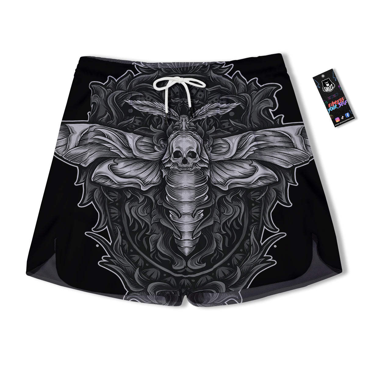 Grey Moth Skull Print Men's Running Shorts-grizzshop