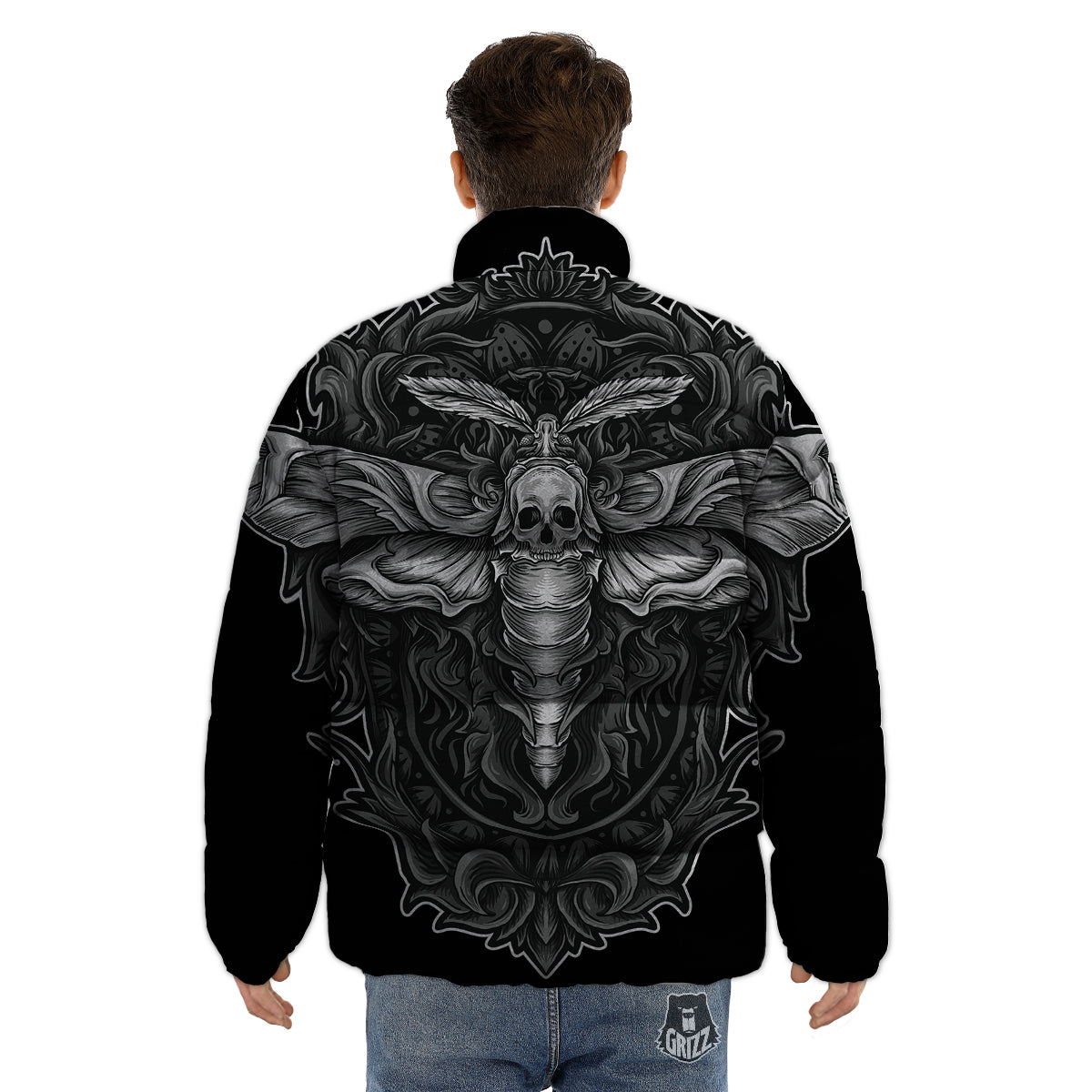 Grey Moth Skull Print Puffer Jacket-grizzshop