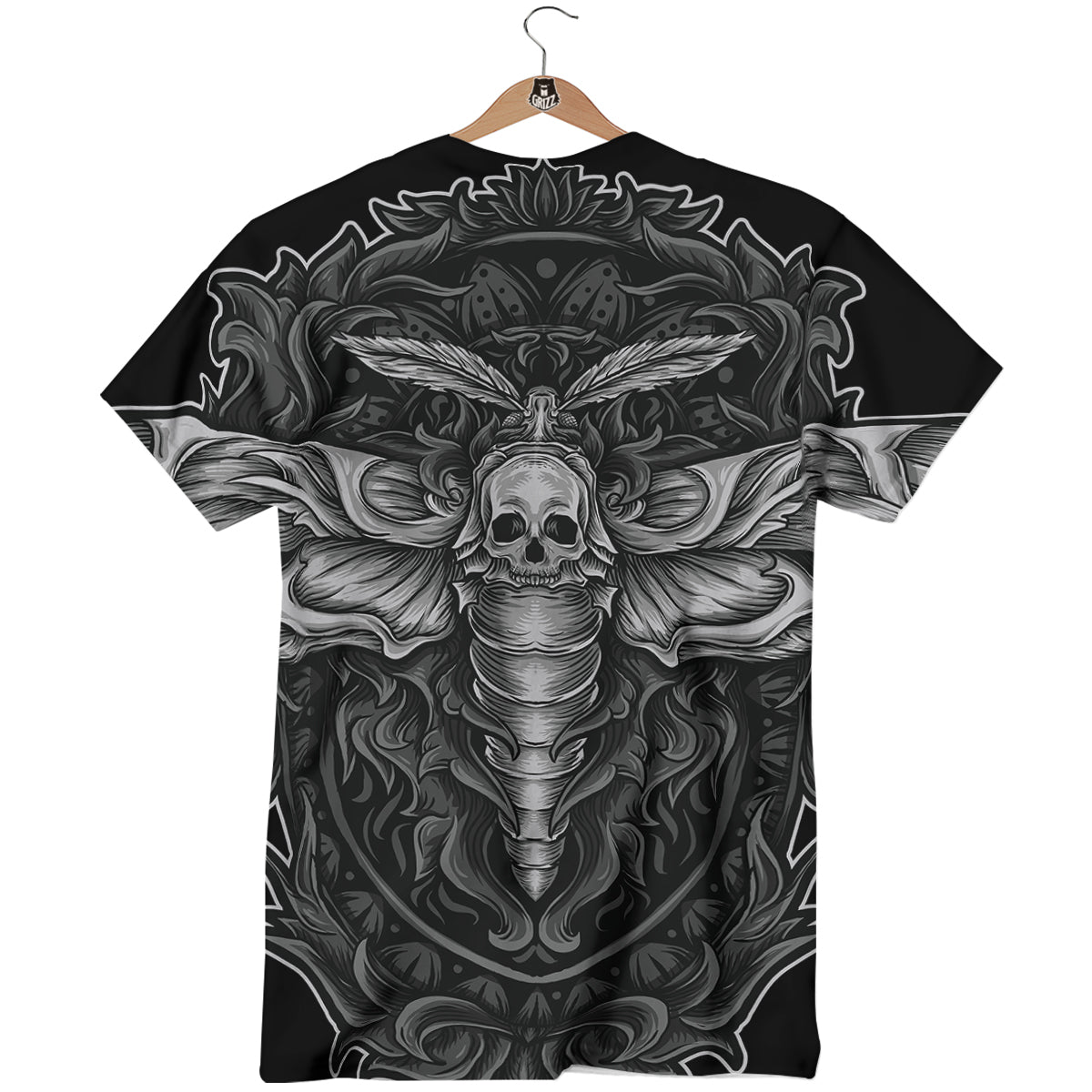 Grey Moth Skull Print T-Shirt-grizzshop