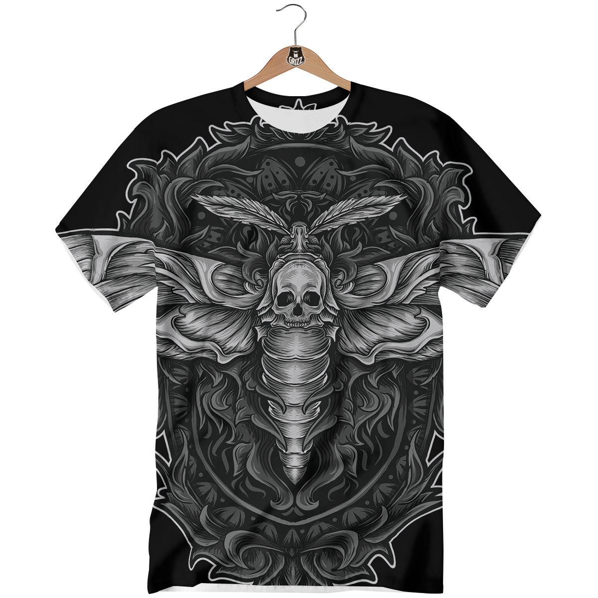 Grey Moth Skull Print T-Shirt-grizzshop