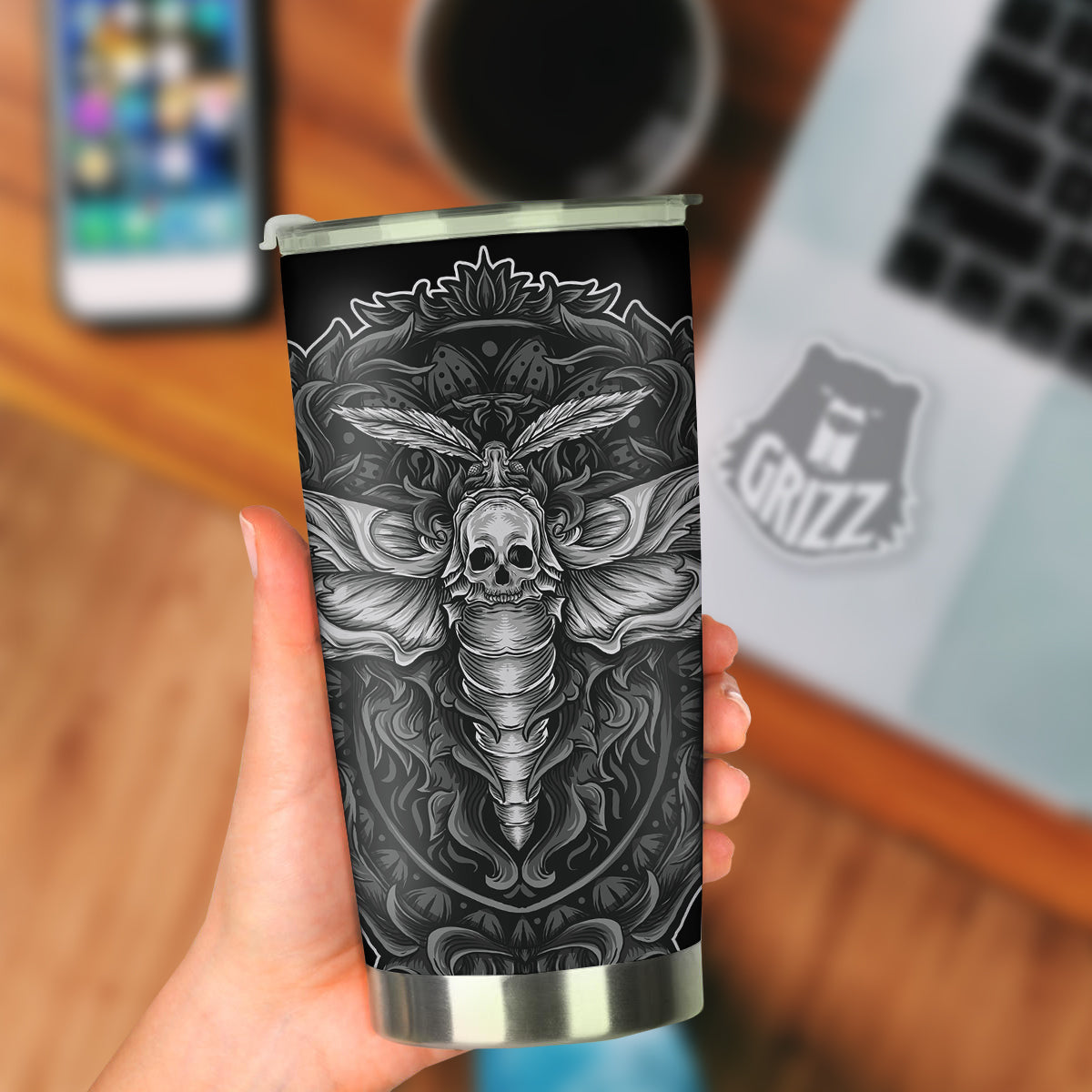 Grey Moth Skull Print Tumbler-grizzshop