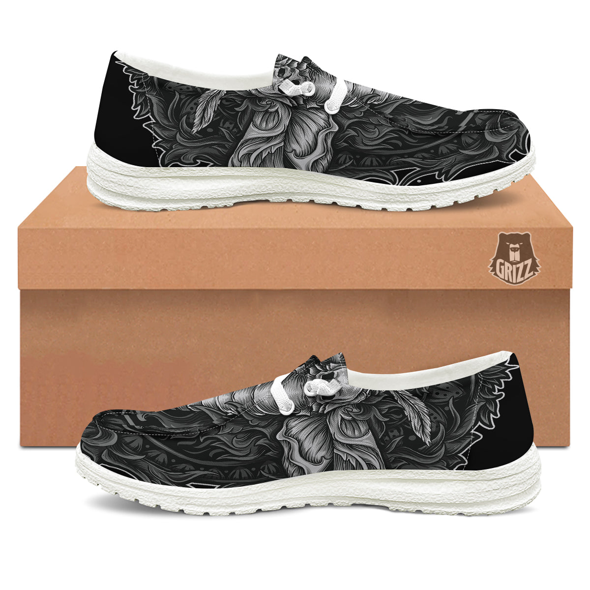 Grey Moth Skull Print White Loafers-grizzshop