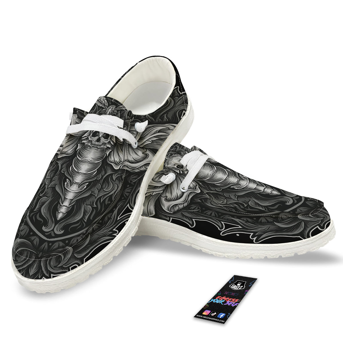 Grey Moth Skull Print White Loafers-grizzshop