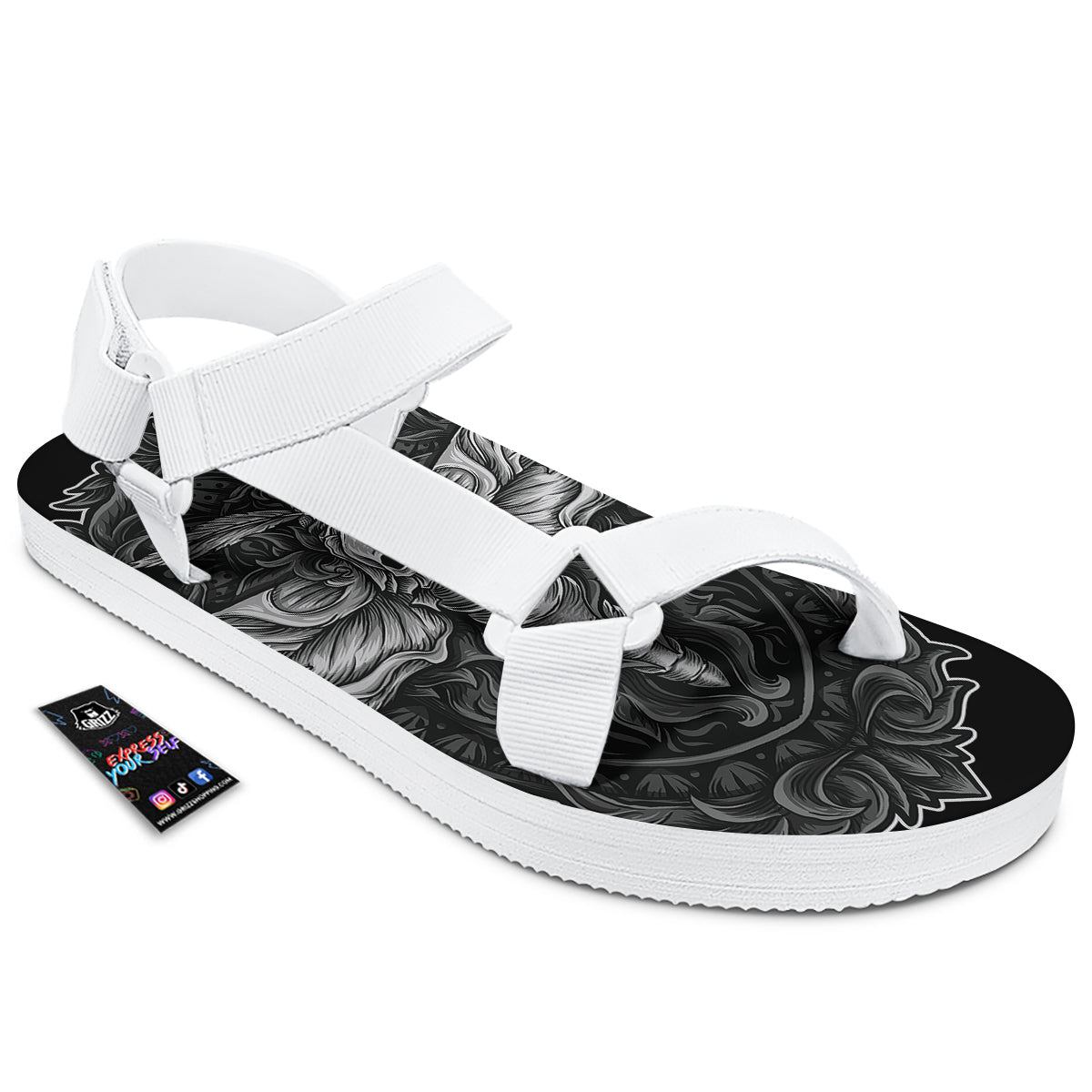 Grey Moth Skull Print White Open Toe Sandals-grizzshop