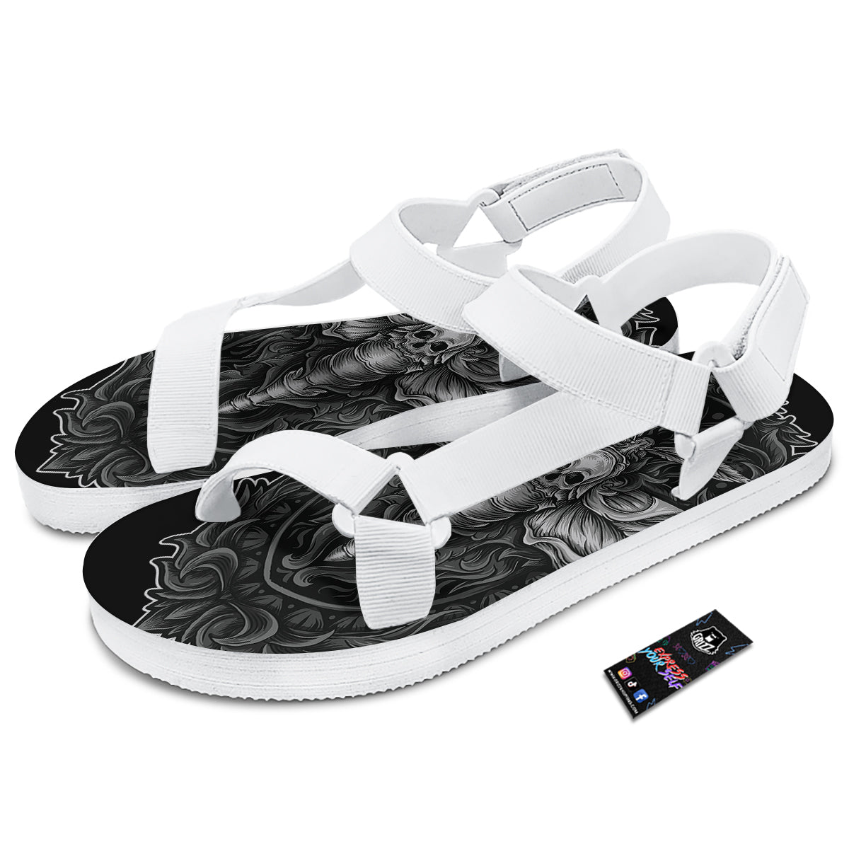 Grey Moth Skull Print White Open Toe Sandals-grizzshop